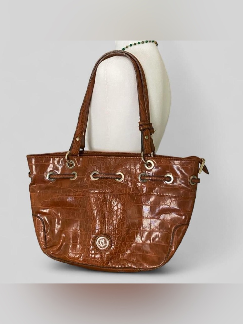 Anne Klein Brown Croc Embossed Shoulder Bag Faux Leather Purse